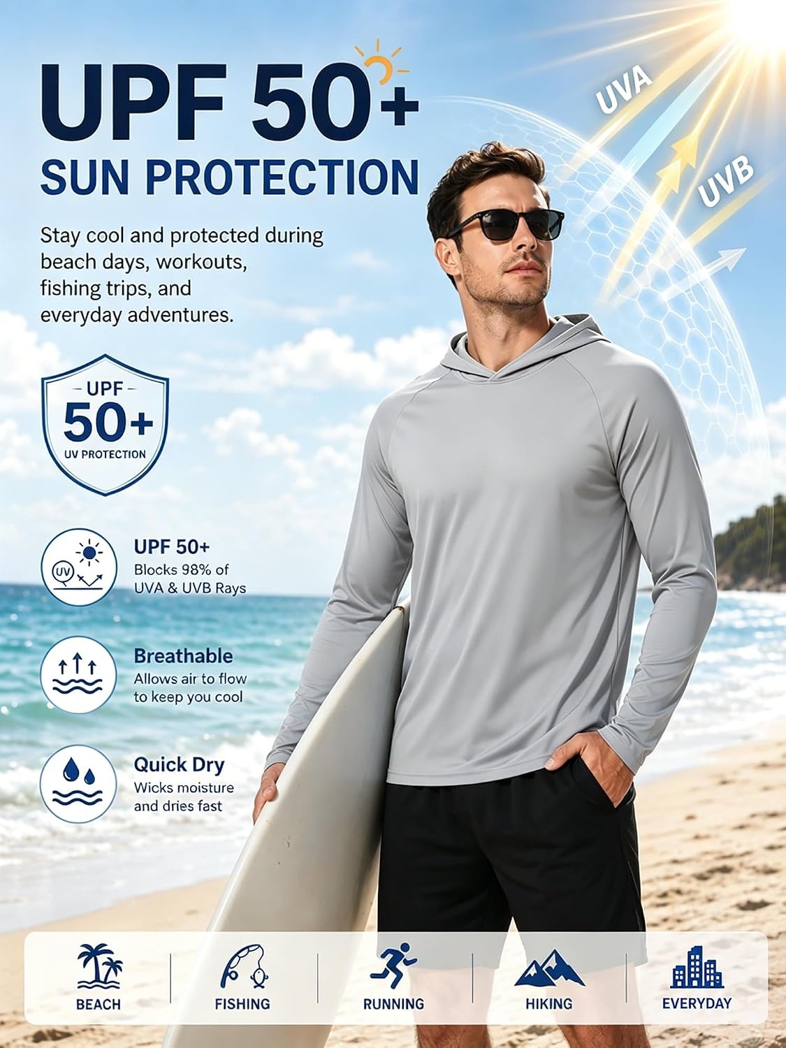 image:imageZITY Fishing Shirts for Men UPF 50 Long Sleeve Shirt Lightweight HoodiesLight Grey