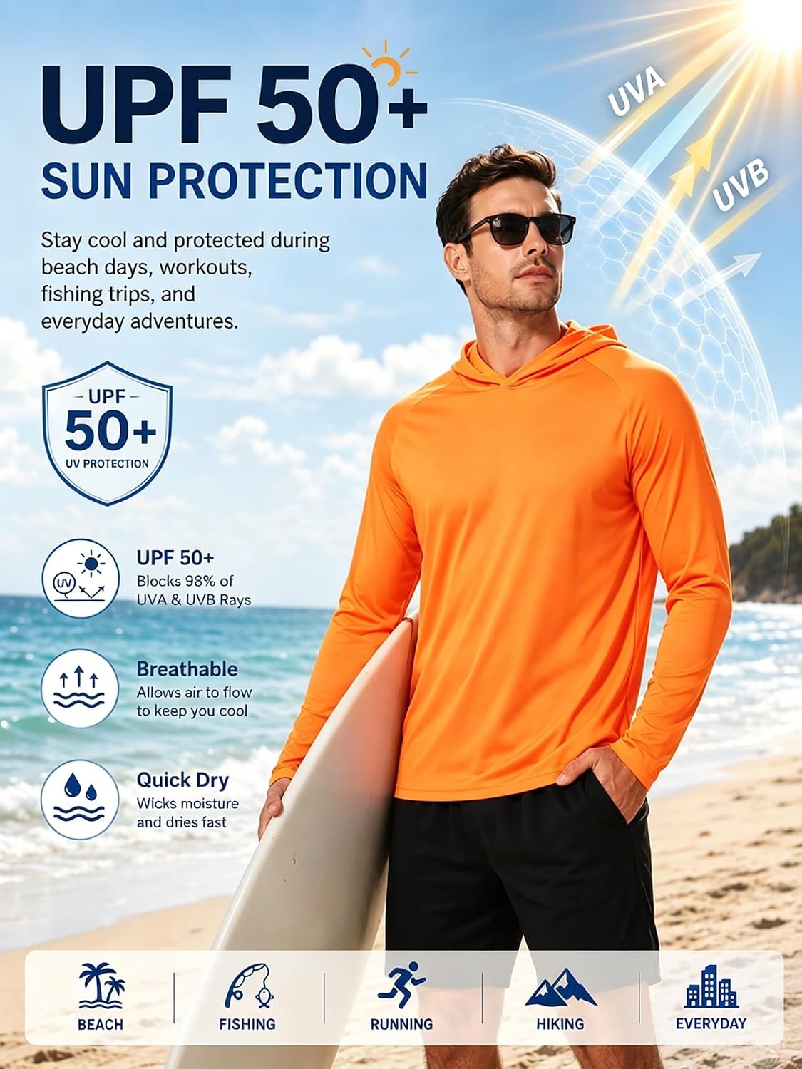 image:imageZITY Fishing Shirts for Men UPF 50 Long Sleeve Shirt Lightweight HoodiesOrange