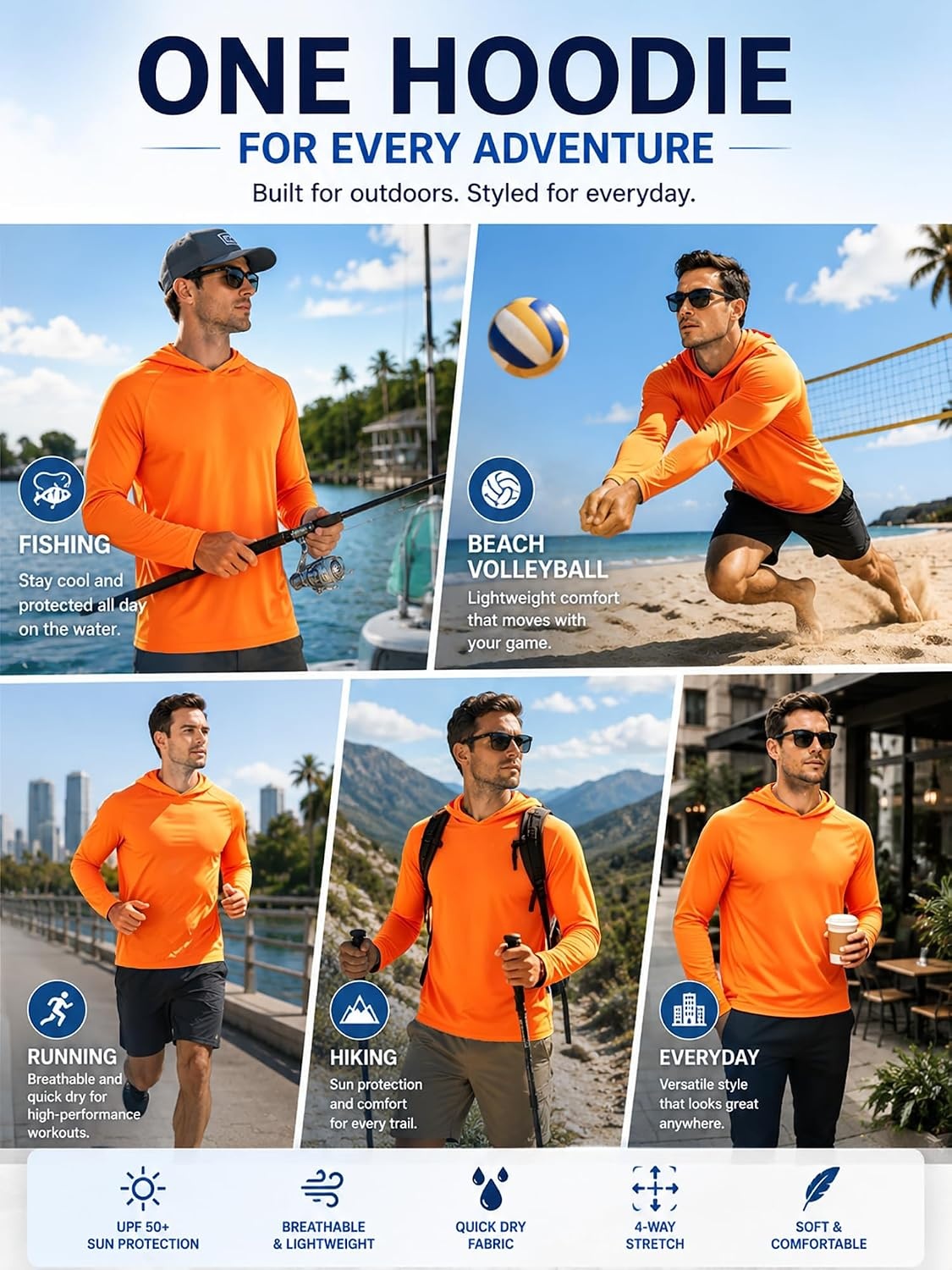image:imageZITY Fishing Shirts for Men UPF 50 Long Sleeve Shirt Lightweight HoodiesOrange