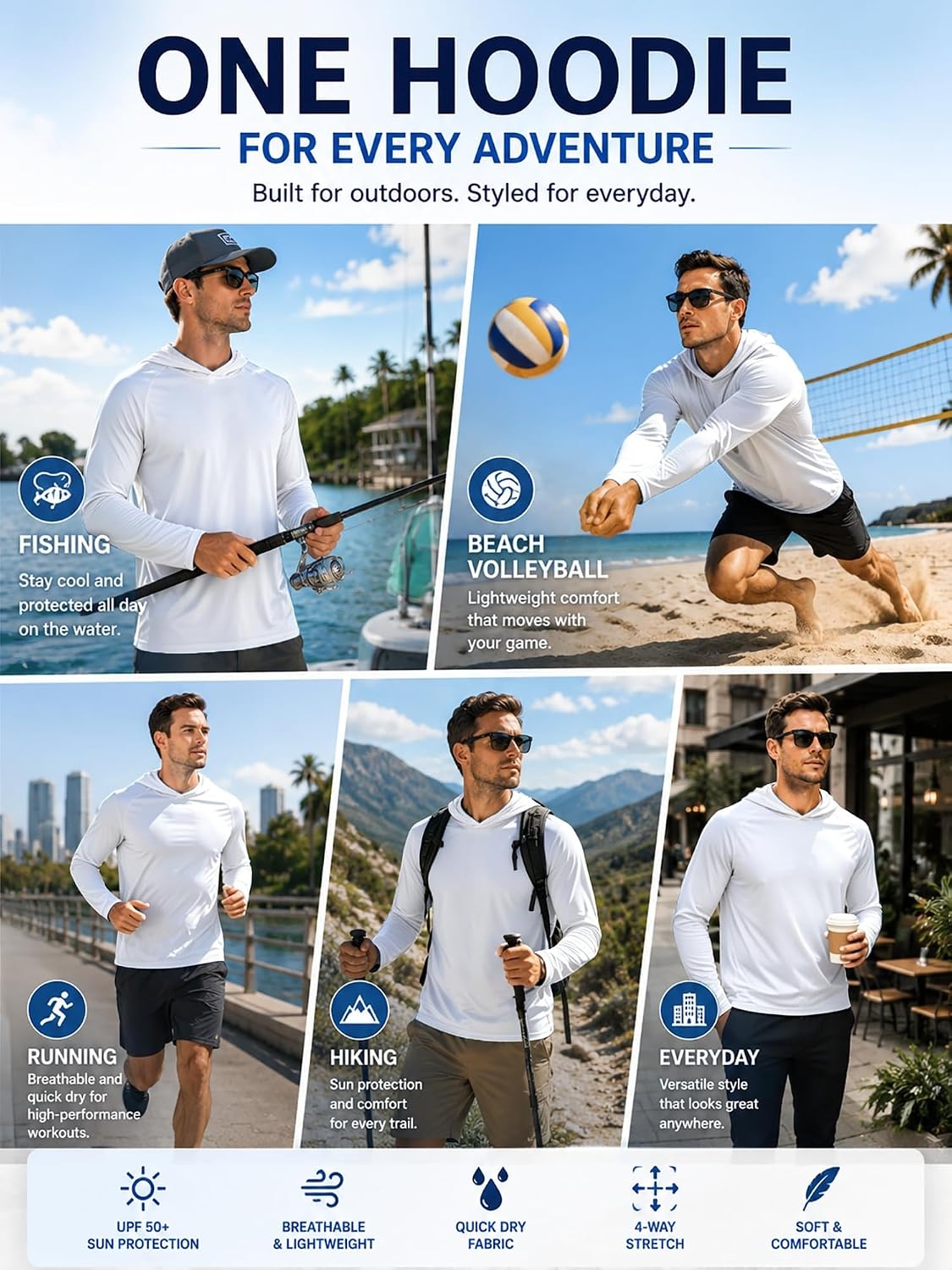 image:imageZITY Fishing Shirts for Men UPF 50 Long Sleeve Shirt Lightweight HoodiesWhite