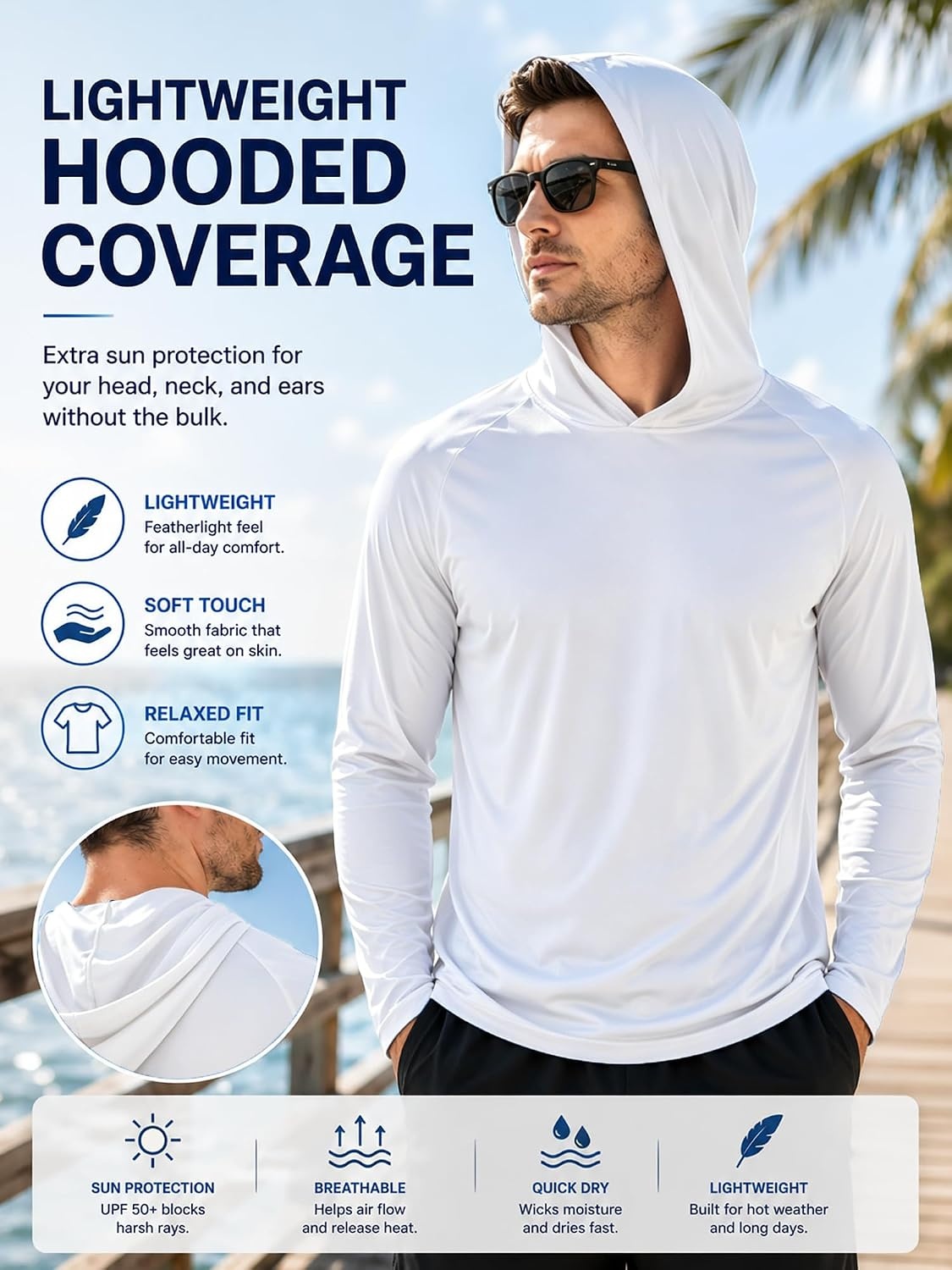 image:imageZITY Fishing Shirts for Men UPF 50 Long Sleeve Shirt Lightweight HoodiesWhite
