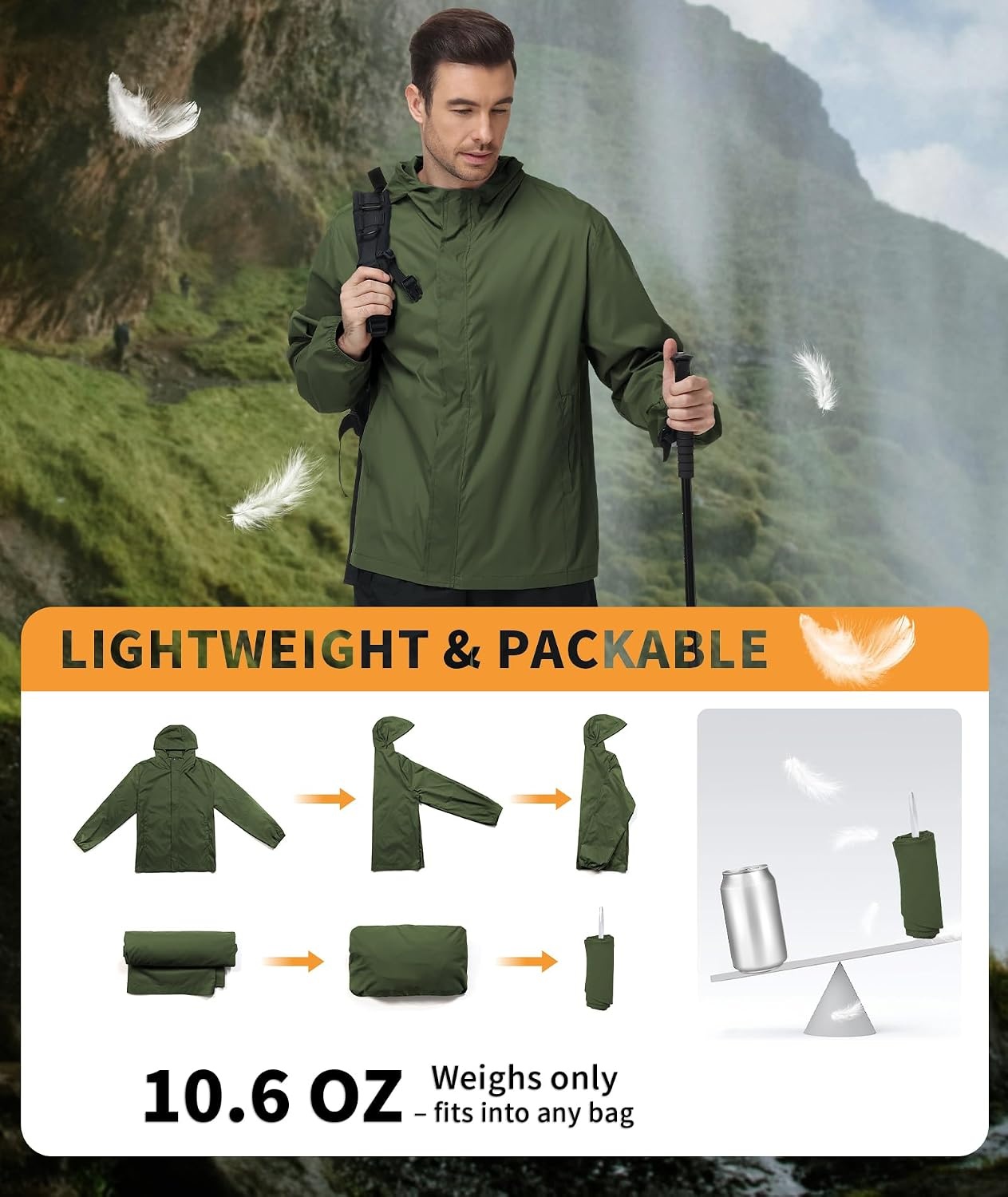image:imageZITY Lightweight Mens Waterproof Rain Jacket Rain Coats for Men WindbreakerArmy Green