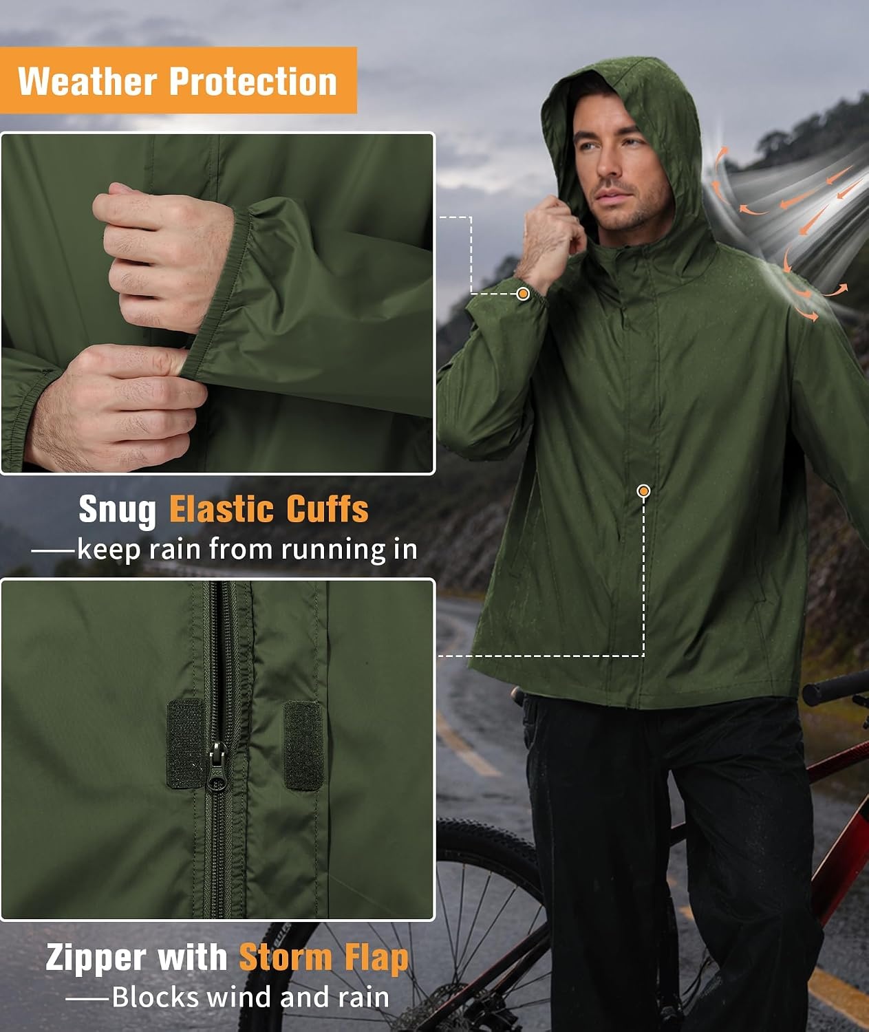 image:imageZITY Lightweight Mens Waterproof Rain Jacket Rain Coats for Men WindbreakerArmy Green