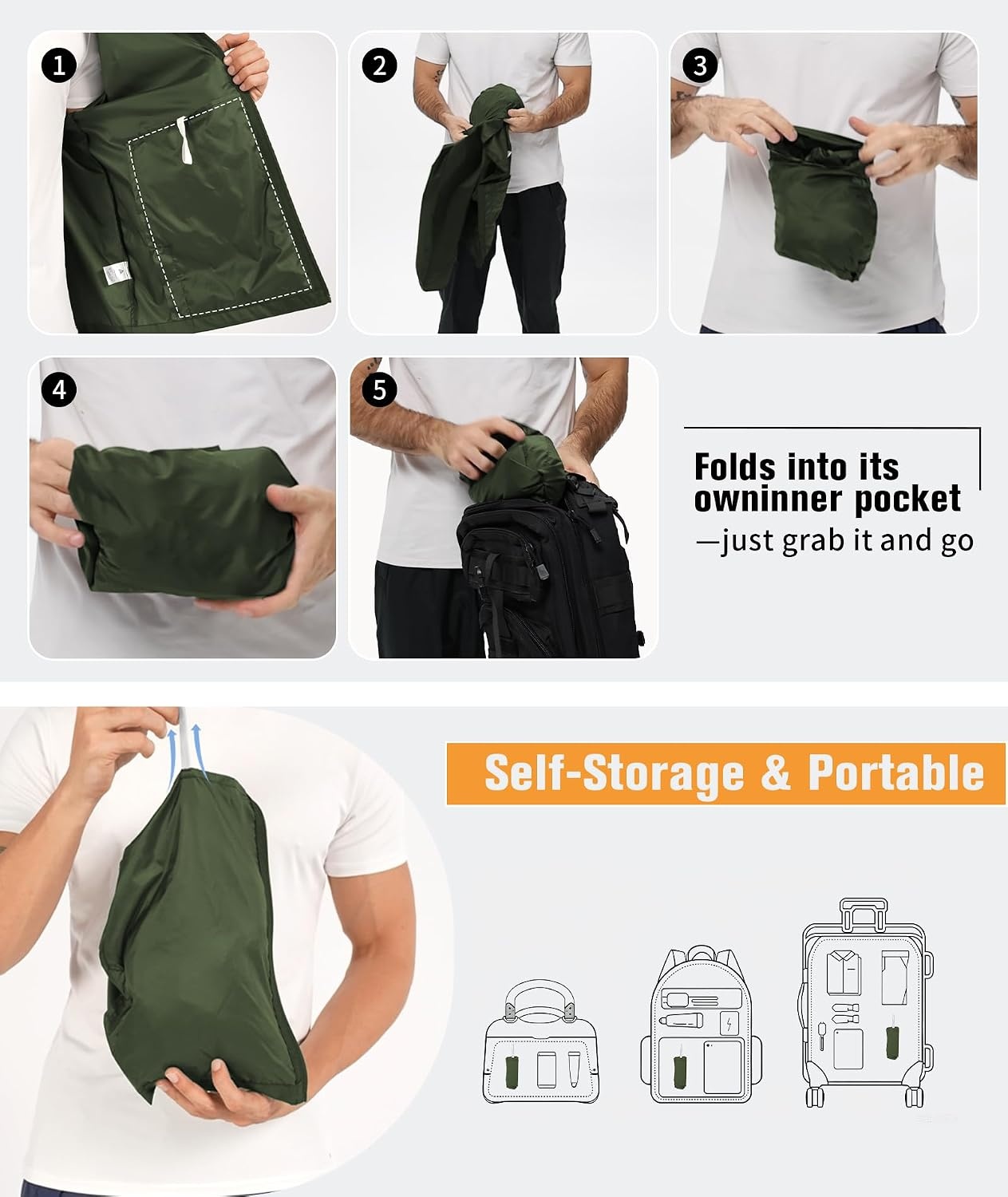 image:imageZITY Lightweight Mens Waterproof Rain Jacket Rain Coats for Men WindbreakerArmy Green