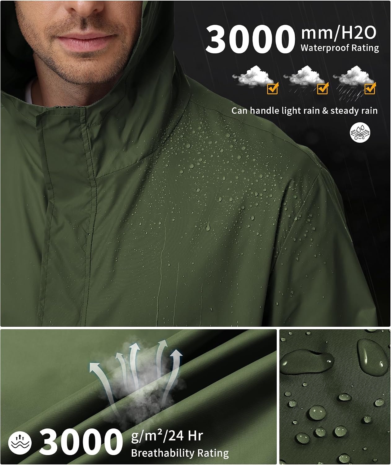 image:imageZITY Lightweight Mens Waterproof Rain Jacket Rain Coats for Men WindbreakerArmy Green