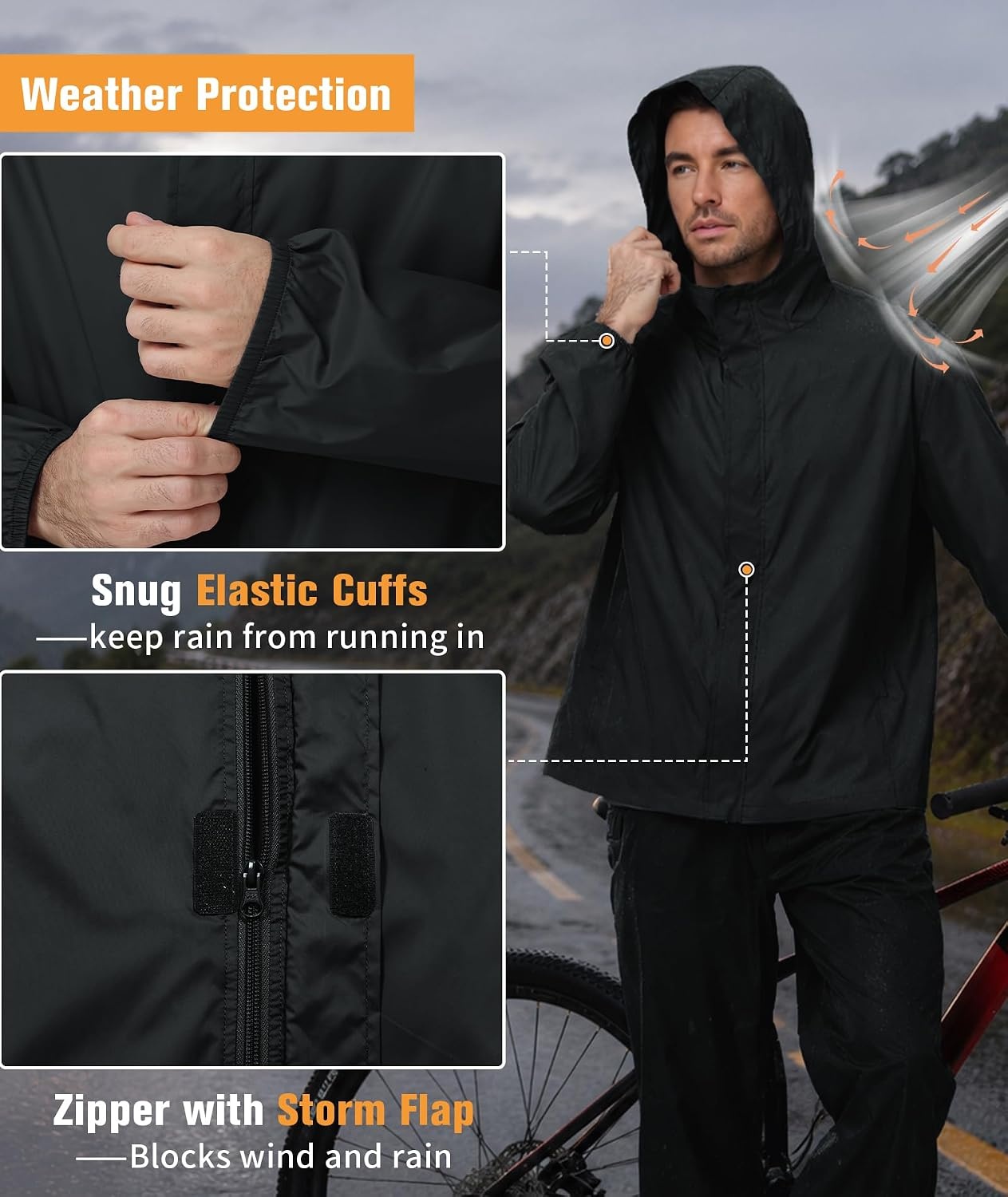 image:imageZITY Lightweight Mens Waterproof Rain Jacket Rain Coats for Men WindbreakerBlack