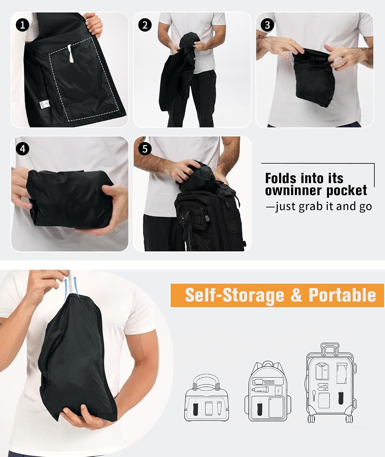 image:imageZITY Lightweight Mens Waterproof Rain Jacket Rain Coats for Men WindbreakerBlack