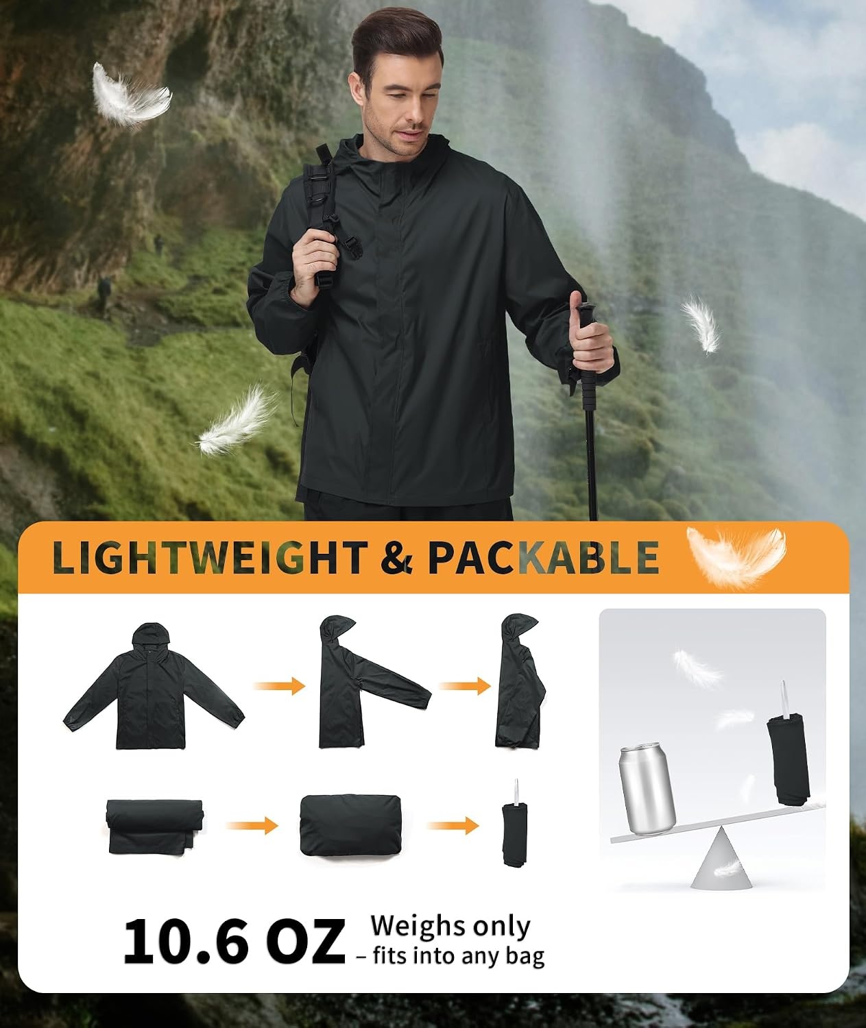 image:imageZITY Lightweight Mens Waterproof Rain Jacket Rain Coats for Men WindbreakerBlack