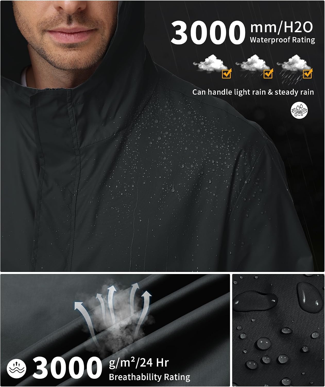 image:imageZITY Lightweight Mens Waterproof Rain Jacket Rain Coats for Men WindbreakerBlack