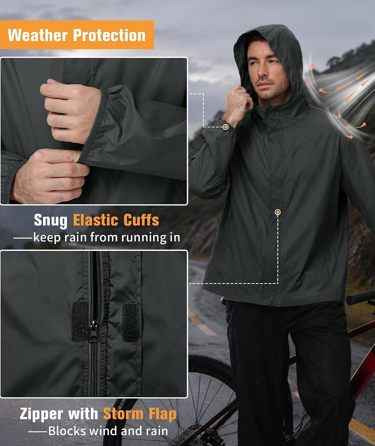 image:imageZITY Lightweight Mens Waterproof Rain Jacket Rain Coats for Men WindbreakerDark Grey