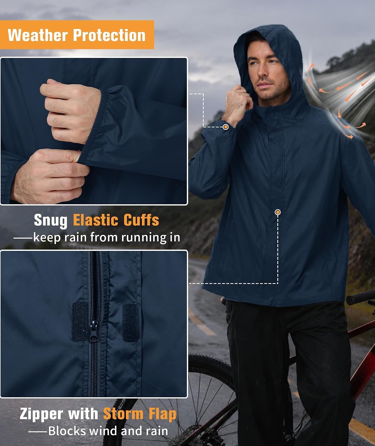 image:imageZITY Lightweight Mens Waterproof Rain Jacket Rain Coats for Men WindbreakerNavy