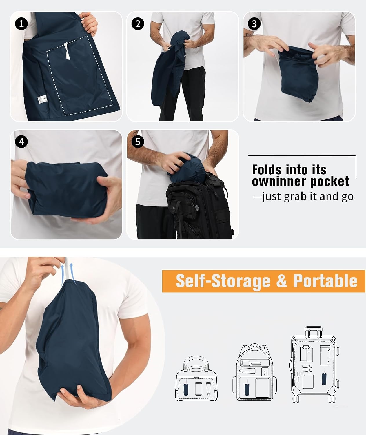 image:imageZITY Lightweight Mens Waterproof Rain Jacket Rain Coats for Men WindbreakerNavy