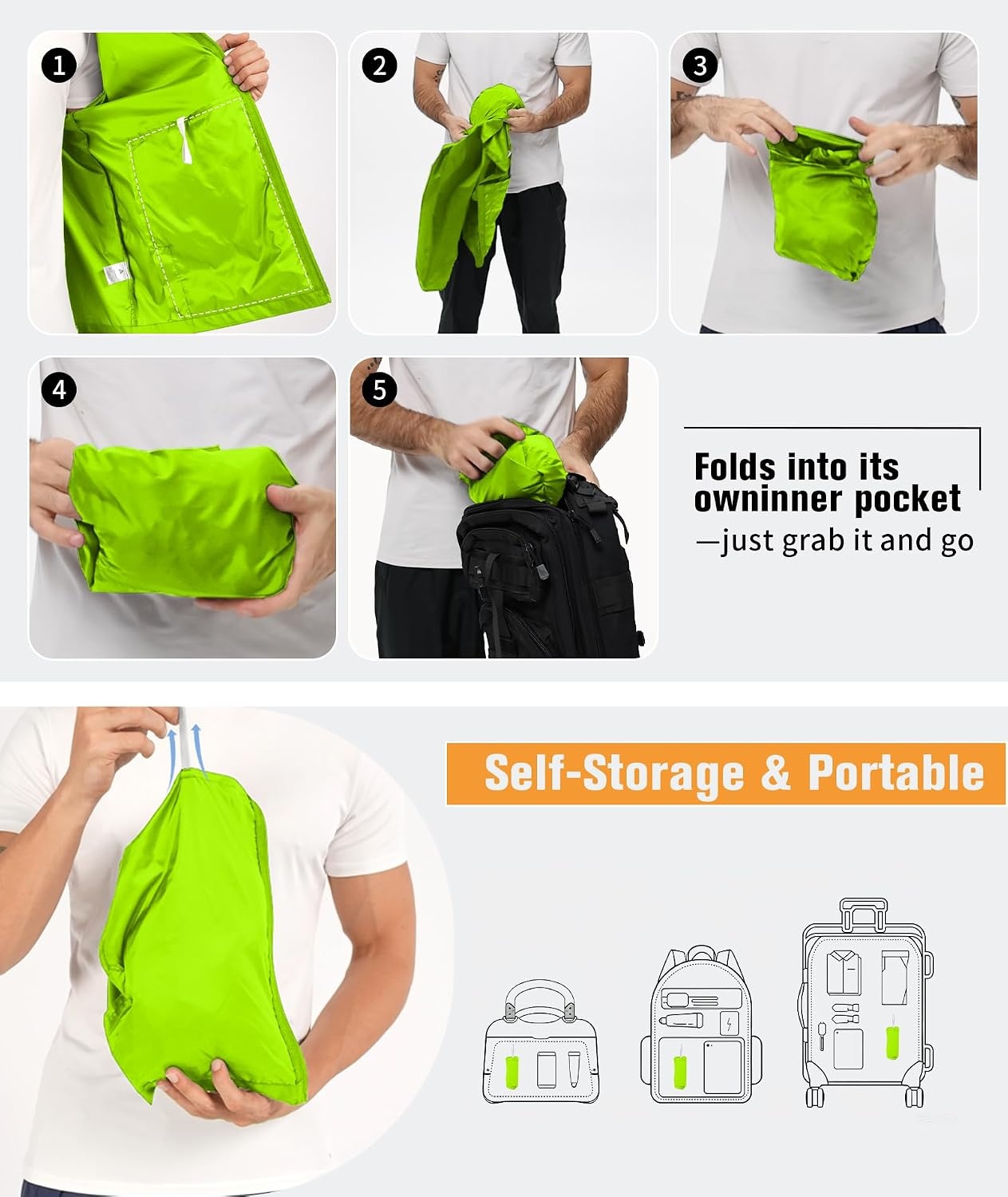 image:imageZITY Lightweight Mens Waterproof Rain Jacket Rain Coats for Men WindbreakerNeon Green