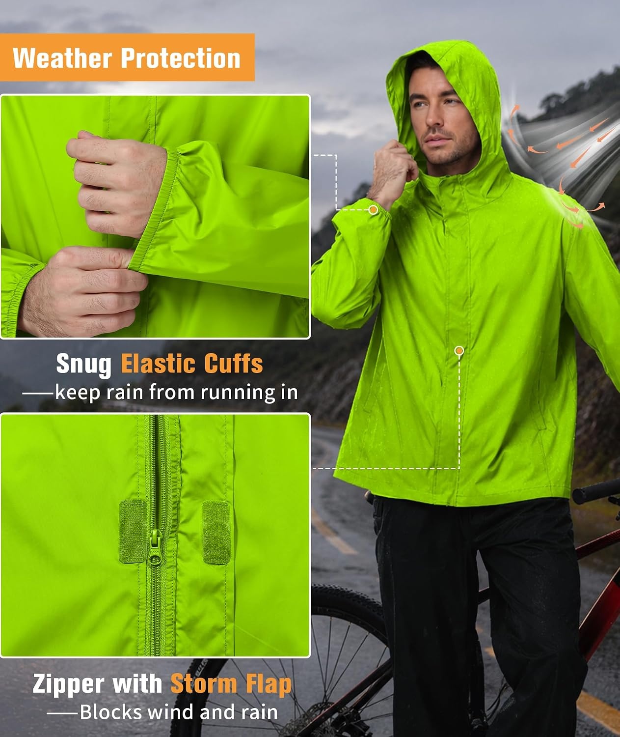 image:imageZITY Lightweight Mens Waterproof Rain Jacket Rain Coats for Men WindbreakerNeon Green