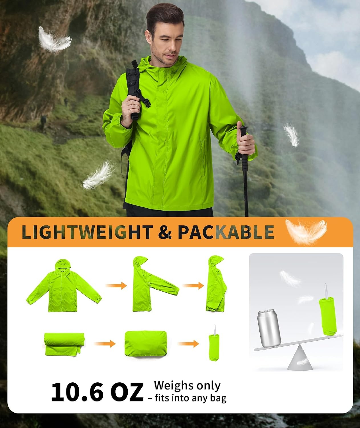 image:imageZITY Lightweight Mens Waterproof Rain Jacket Rain Coats for Men WindbreakerNeon Green
