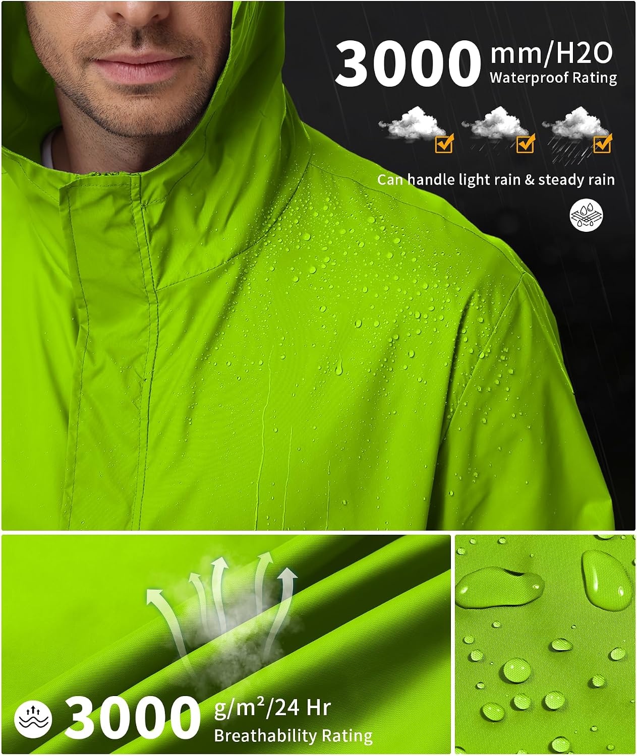 image:imageZITY Lightweight Mens Waterproof Rain Jacket Rain Coats for Men WindbreakerNeon Green