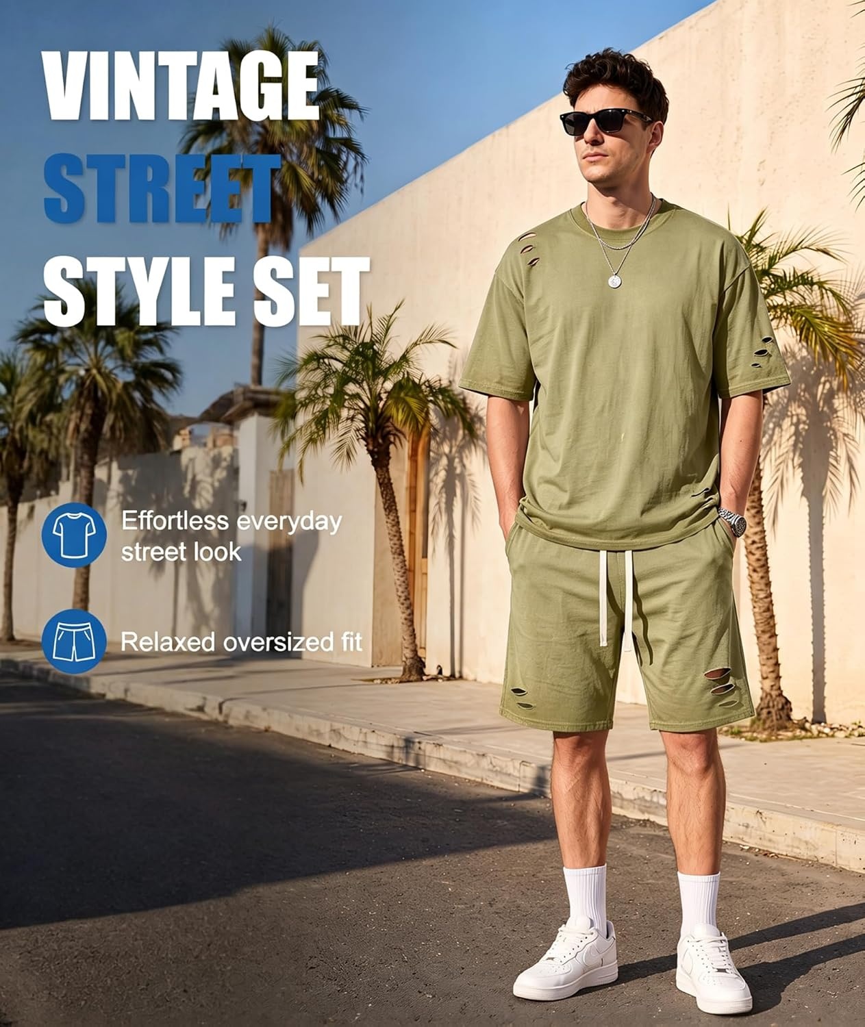 image:imageZITY Mens 2 Piece Shorts Set Acid Wash Cotton Oversized Outfit Vintage Streetwear Matching Set Summer Casual Lounge GymArmy Green