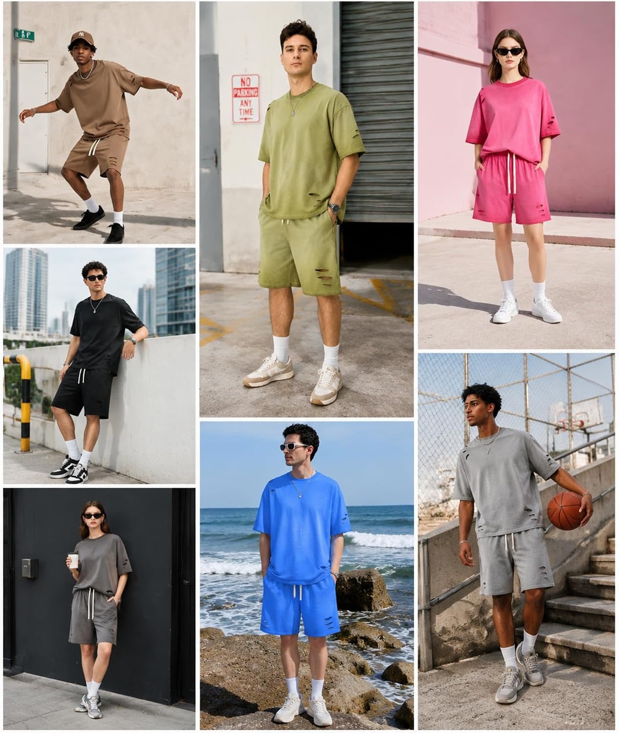 image:imageZITY Mens 2 Piece Shorts Set Acid Wash Cotton Oversized Outfit Vintage Streetwear Matching Set Summer Casual Lounge GymArmy Green