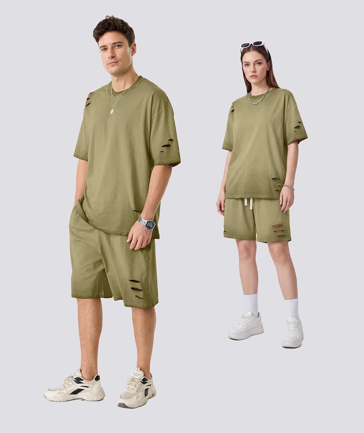 image:imageZITY Mens 2 Piece Shorts Set Acid Wash Cotton Oversized Outfit Vintage Streetwear Matching Set Summer Casual Lounge GymArmy Green