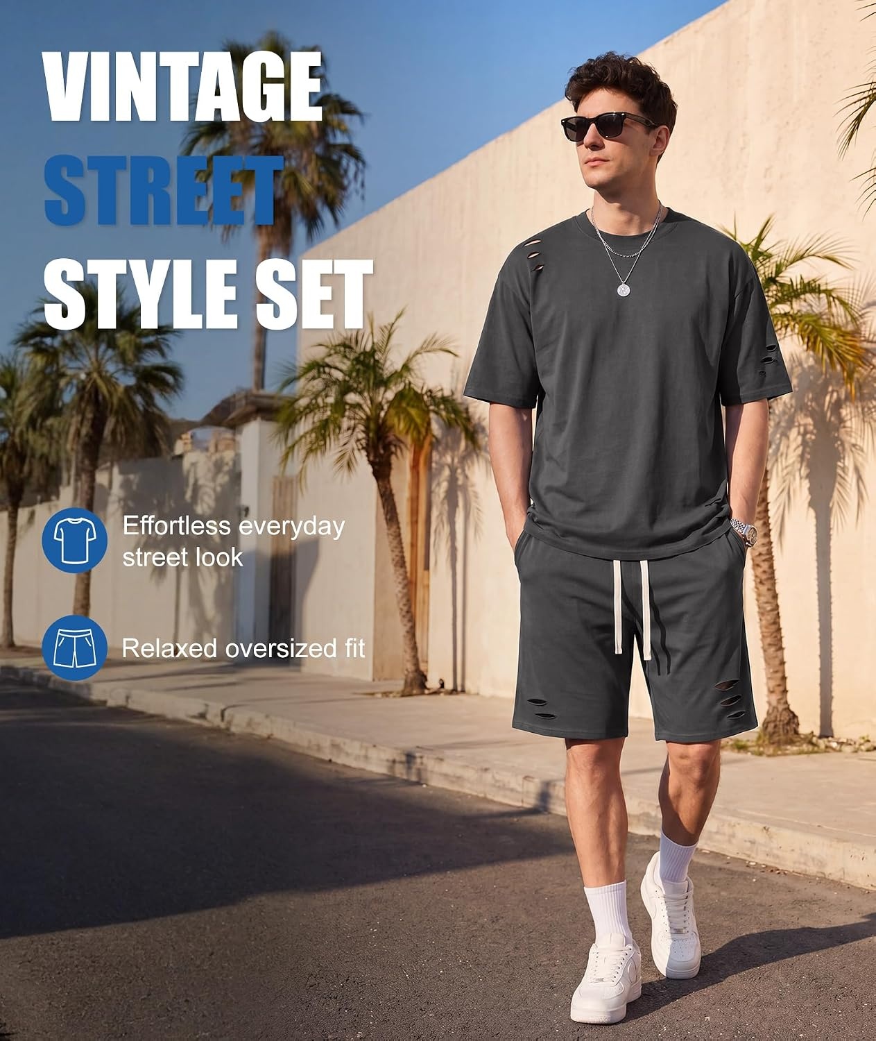 image:imageZITY Mens 2 Piece Shorts Set Acid Wash Cotton Oversized Outfit Vintage Streetwear Matching Set Summer Casual Lounge GymBlack