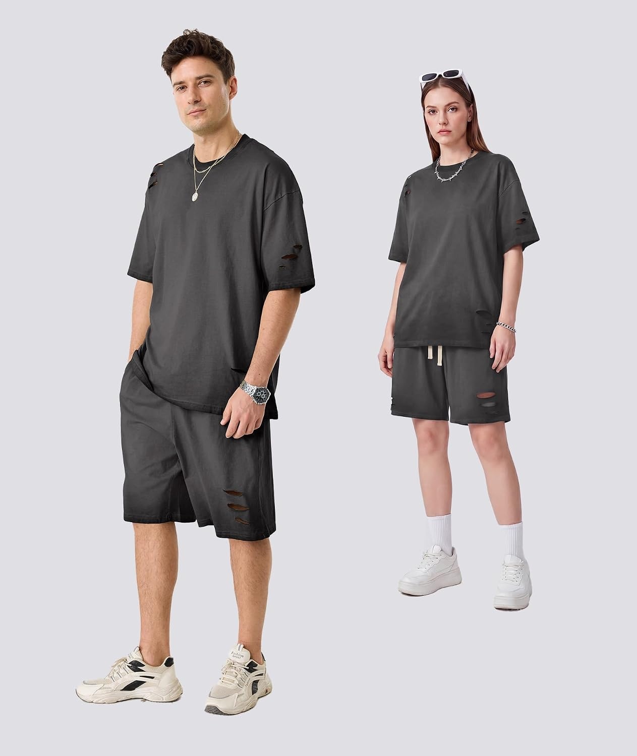 image:imageZITY Mens 2 Piece Shorts Set Acid Wash Cotton Oversized Outfit Vintage Streetwear Matching Set Summer Casual Lounge GymBlack