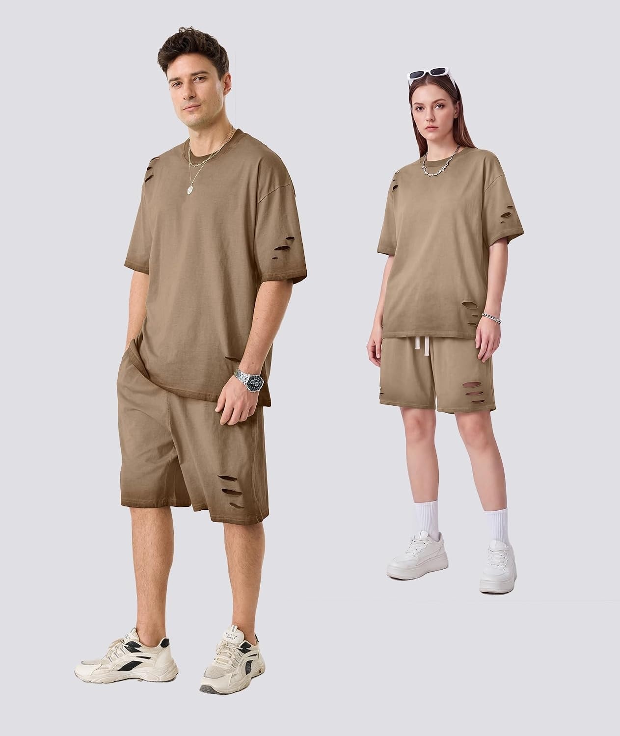 image:imageZITY Mens 2 Piece Shorts Set Acid Wash Cotton Oversized Outfit Vintage Streetwear Matching Set Summer Casual Lounge GymBrown