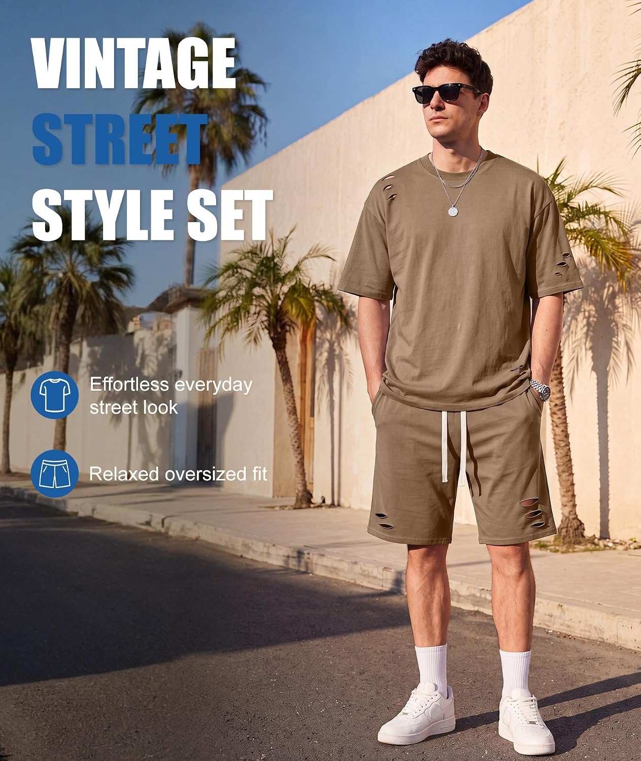 image:imageZITY Mens 2 Piece Shorts Set Acid Wash Cotton Oversized Outfit Vintage Streetwear Matching Set Summer Casual Lounge GymBrown