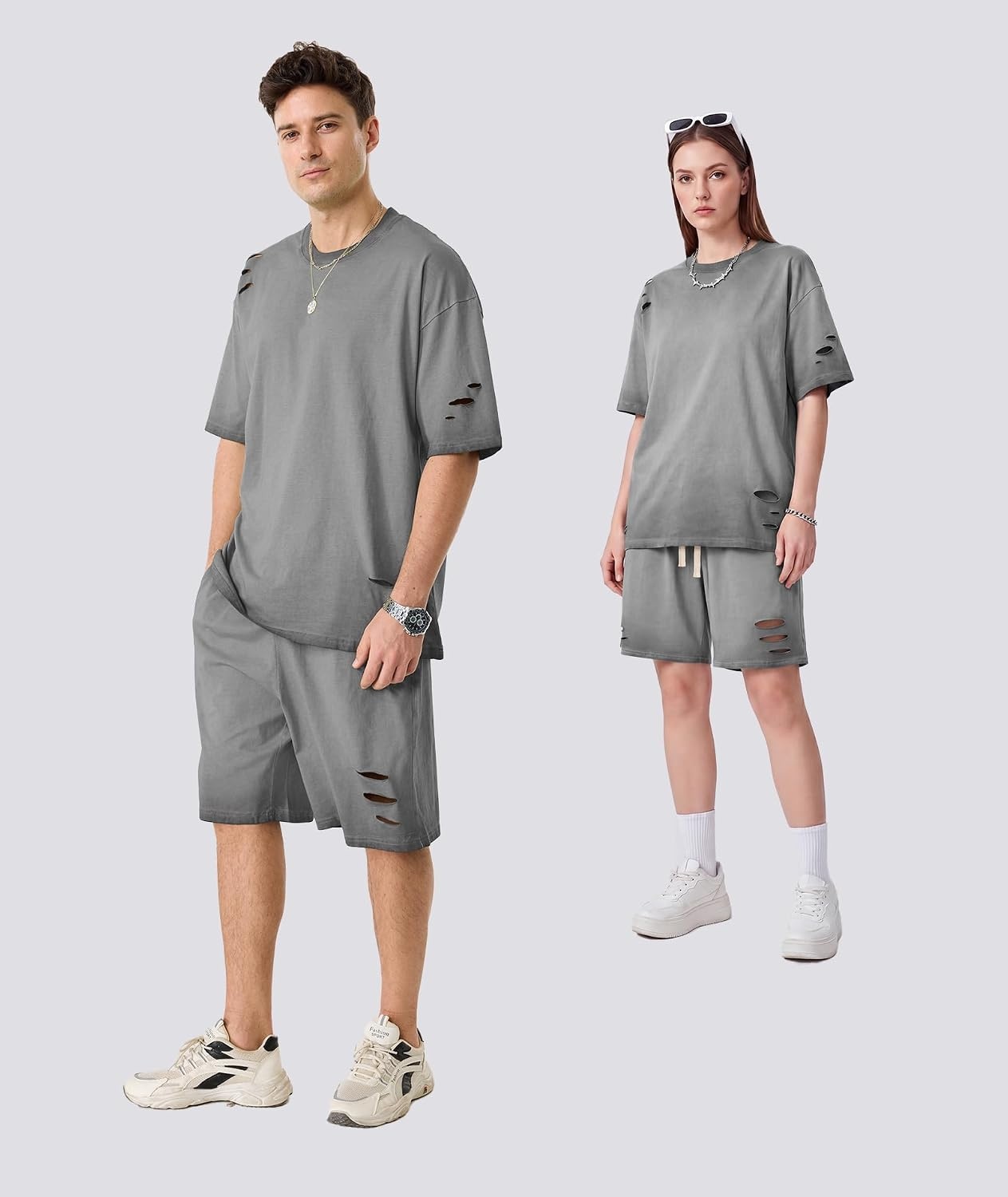 image:imageZITY Mens 2 Piece Shorts Set Acid Wash Cotton Oversized Outfit Vintage Streetwear Matching Set Summer Casual Lounge GymGrey