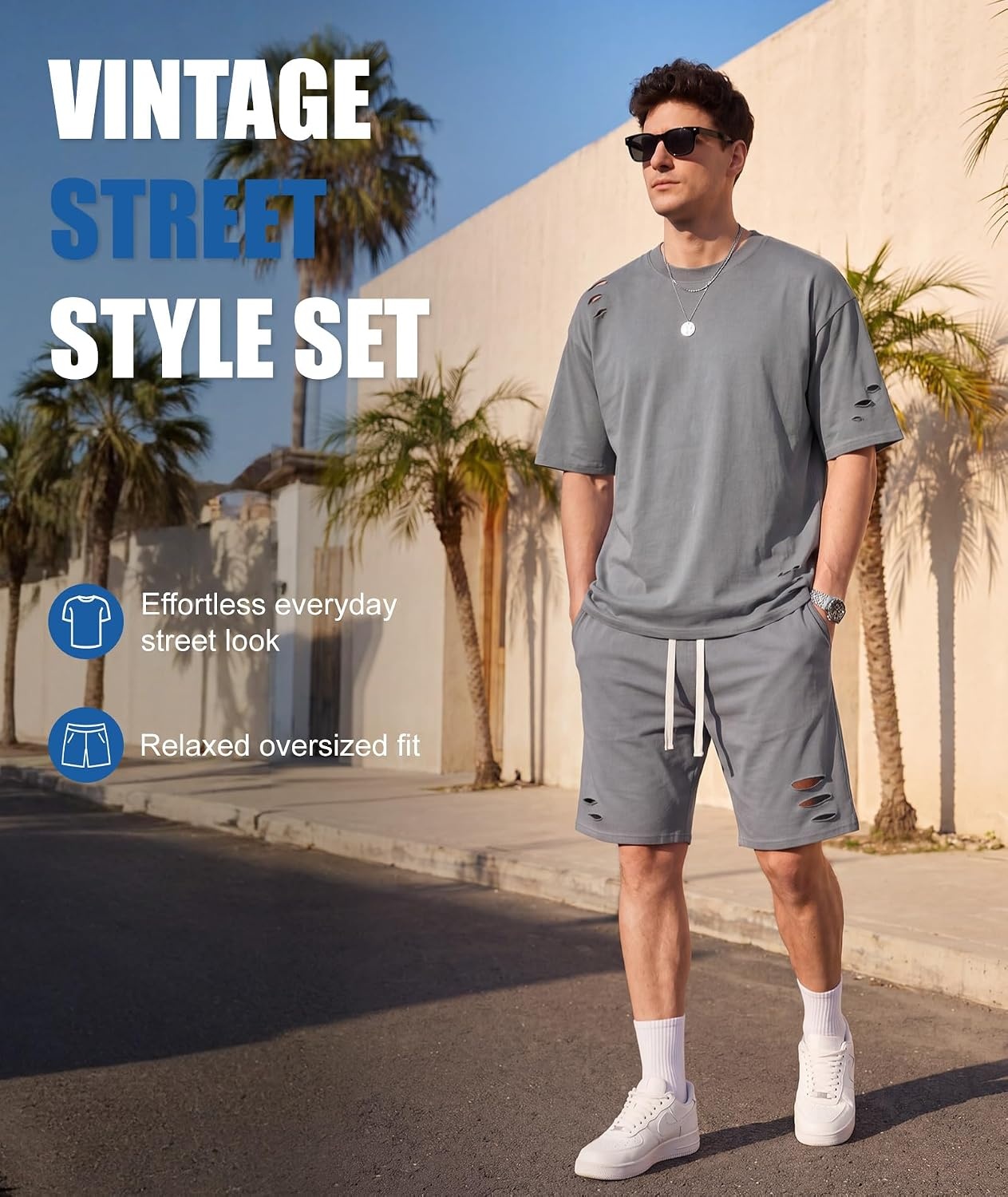 image:imageZITY Mens 2 Piece Shorts Set Acid Wash Cotton Oversized Outfit Vintage Streetwear Matching Set Summer Casual Lounge GymGrey