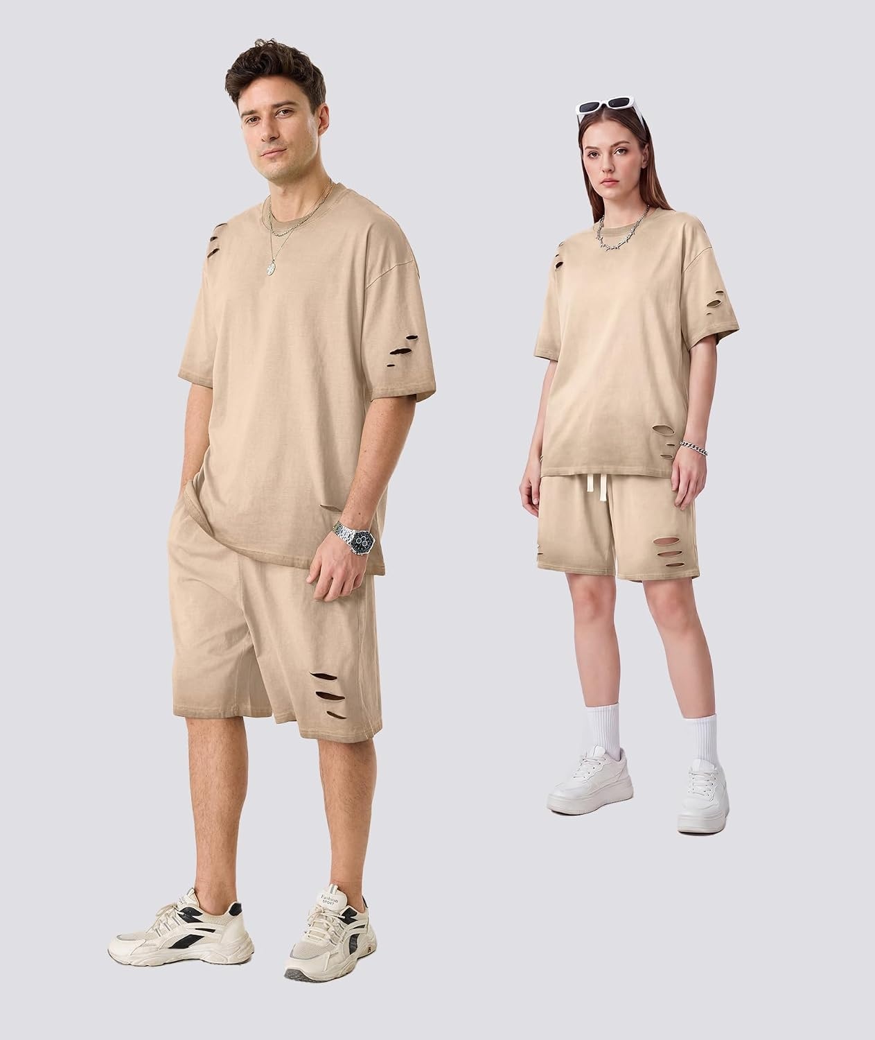 image:imageZITY Mens 2 Piece Shorts Set Acid Wash Cotton Oversized Outfit Vintage Streetwear Matching Set Summer Casual Lounge GymLight Khaki