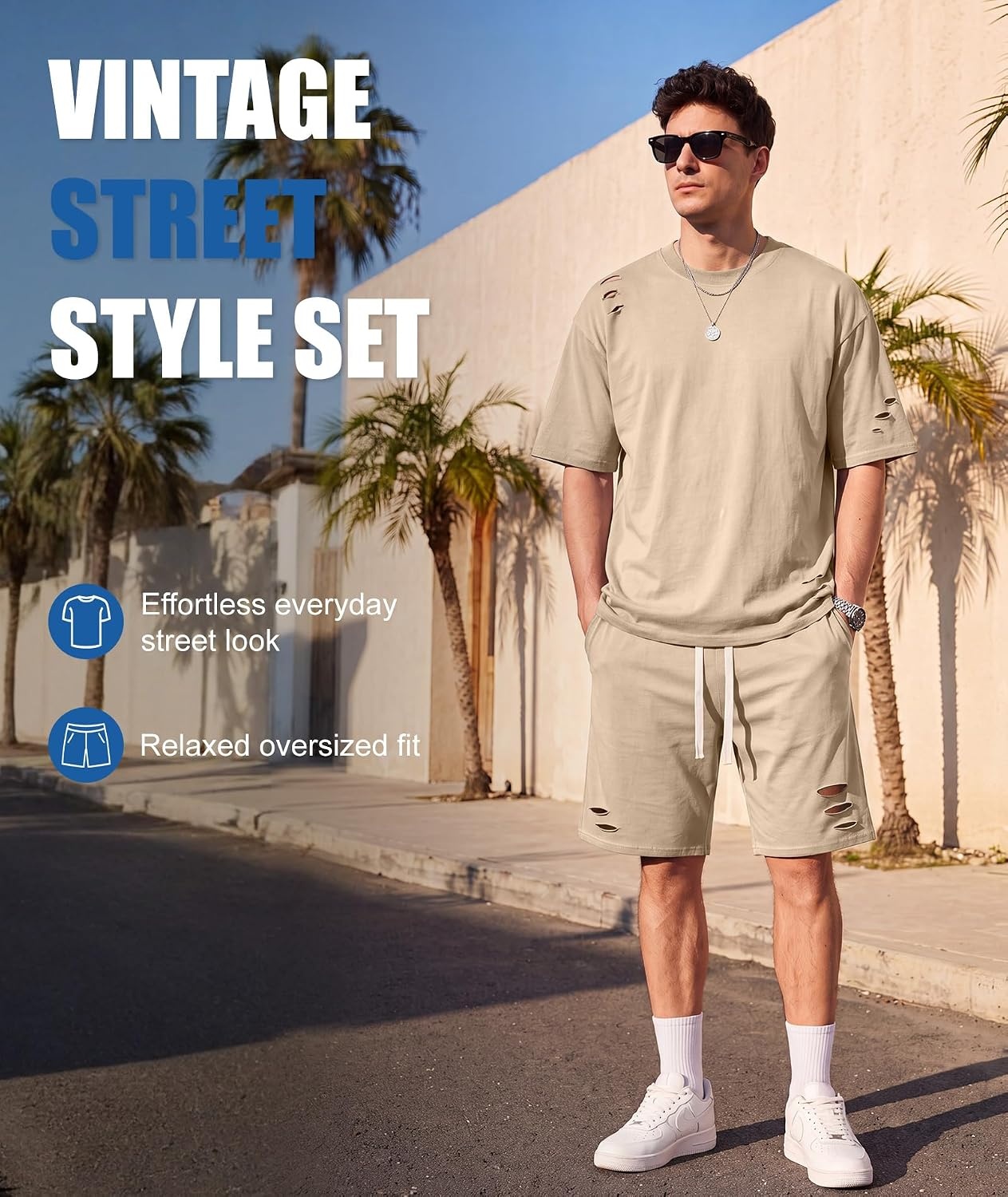 image:imageZITY Mens 2 Piece Shorts Set Acid Wash Cotton Oversized Outfit Vintage Streetwear Matching Set Summer Casual Lounge GymLight Khaki