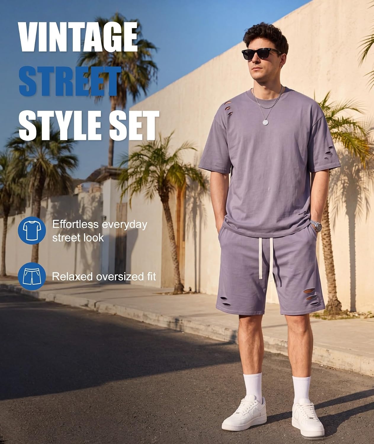 image:imageZITY Mens 2 Piece Shorts Set Acid Wash Cotton Oversized Outfit Vintage Streetwear Matching Set Summer Casual Lounge GymLight Purple