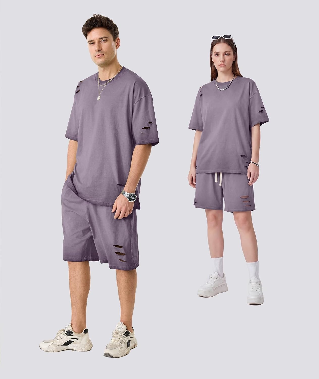 image:imageZITY Mens 2 Piece Shorts Set Acid Wash Cotton Oversized Outfit Vintage Streetwear Matching Set Summer Casual Lounge GymLight Purple