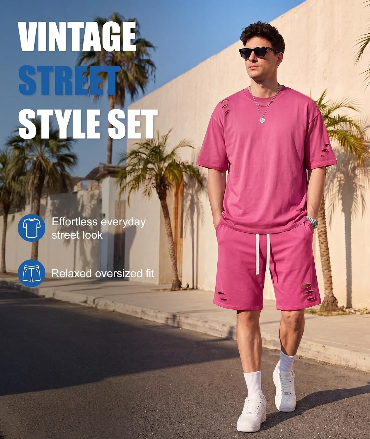 image:imageZITY Mens 2 Piece Shorts Set Acid Wash Cotton Oversized Outfit Vintage Streetwear Matching Set Summer Casual Lounge GymRose Red