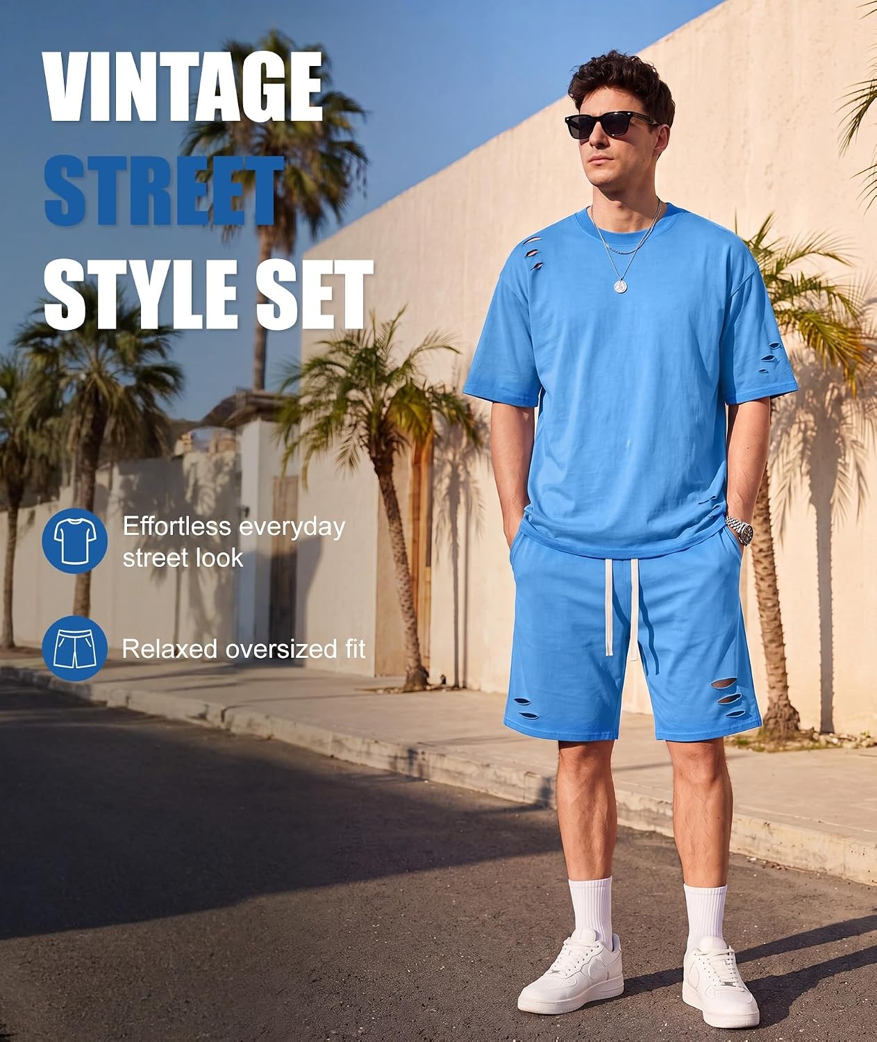 image:imageZITY Mens 2 Piece Shorts Set Acid Wash Cotton Oversized Outfit Vintage Streetwear Matching Set Summer Casual Lounge GymRoyal Blue