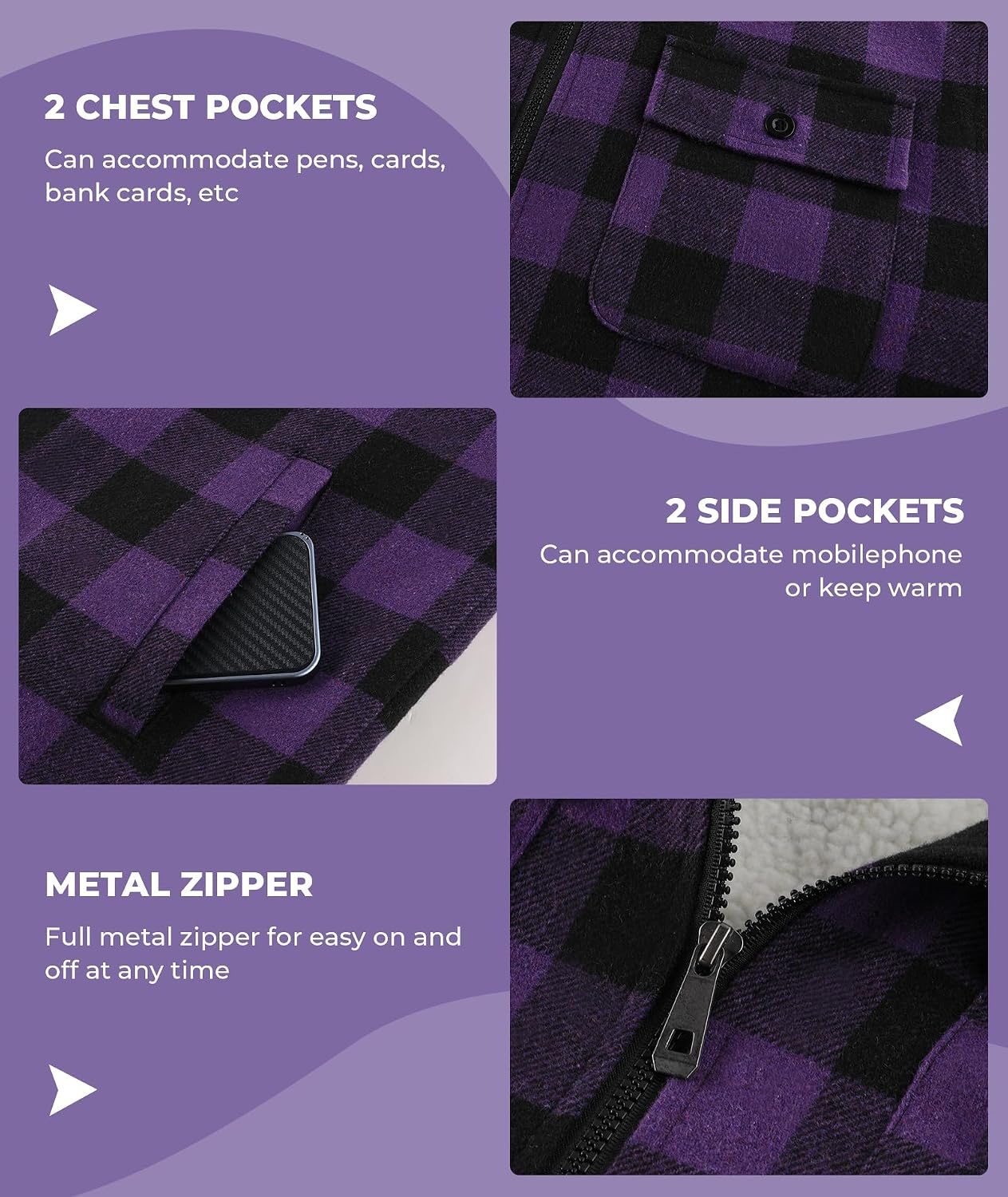 image:imageZITY Mens Flannel Hooded Jacket Fleece Sherpa Lined Plaid Zip Up SweatshirtPurple