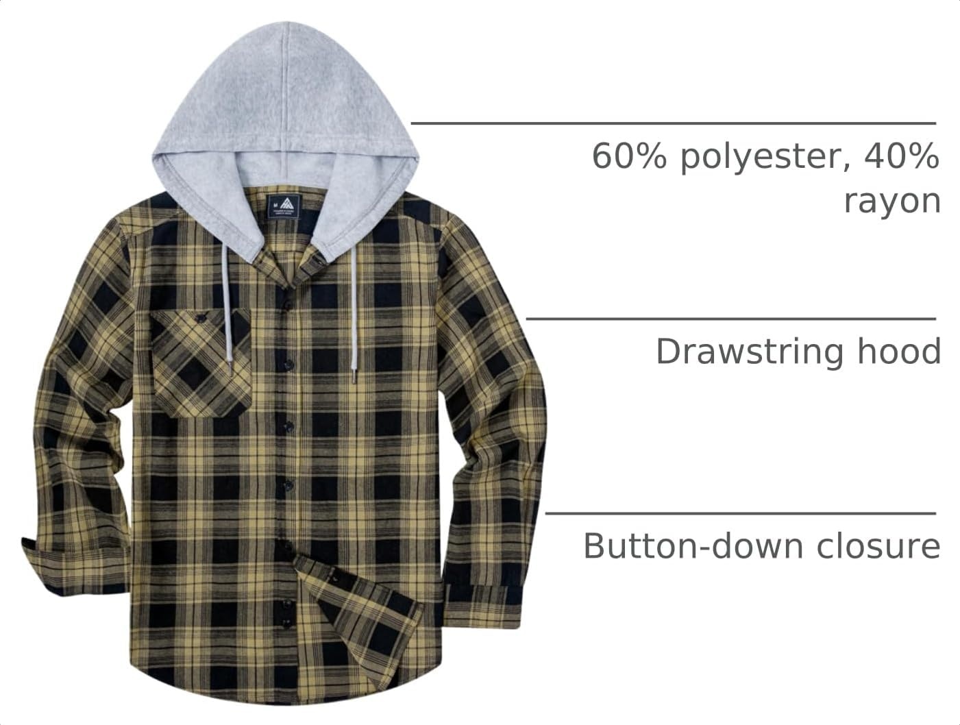 image:imageZITY Mens Flannel Hoodie Shirts Casual Button Down Long Sleeve Plaid ShirtBlack Beige