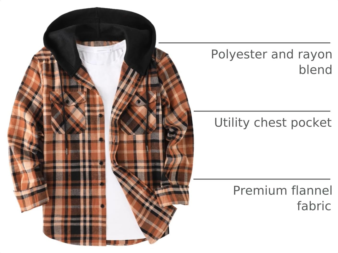image:imageZITY Mens Flannel Hoodie Shirts Casual Button Down Long Sleeve Plaid ShirtBlack Orange