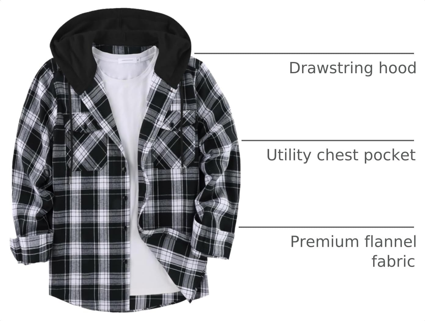image:imageZITY Mens Flannel Hoodie Shirts Casual Button Down Long Sleeve Plaid ShirtBlack White