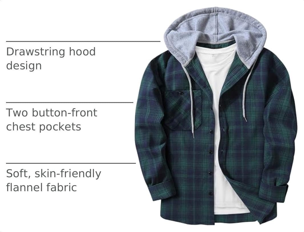 image:imageZITY Mens Flannel Hoodie Shirts Casual Button Down Long Sleeve Plaid ShirtBlue Green Navy