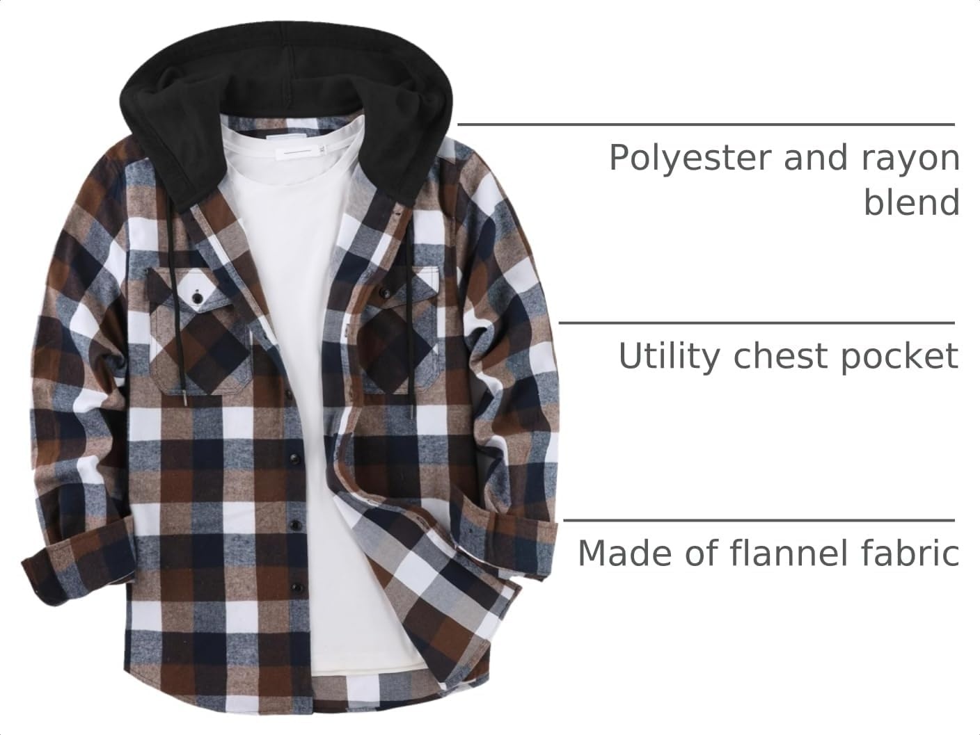 image:imageZITY Mens Flannel Hoodie Shirts Casual Button Down Long Sleeve Plaid ShirtBrown White
