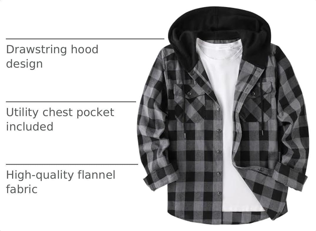 image:imageZITY Mens Flannel Hoodie Shirts Casual Button Down Long Sleeve Plaid ShirtDark Grey