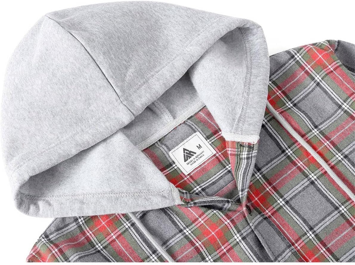 image:imageZITY Mens Flannel Hoodie Shirts Casual Button Down Long Sleeve Plaid ShirtLight Red Gray