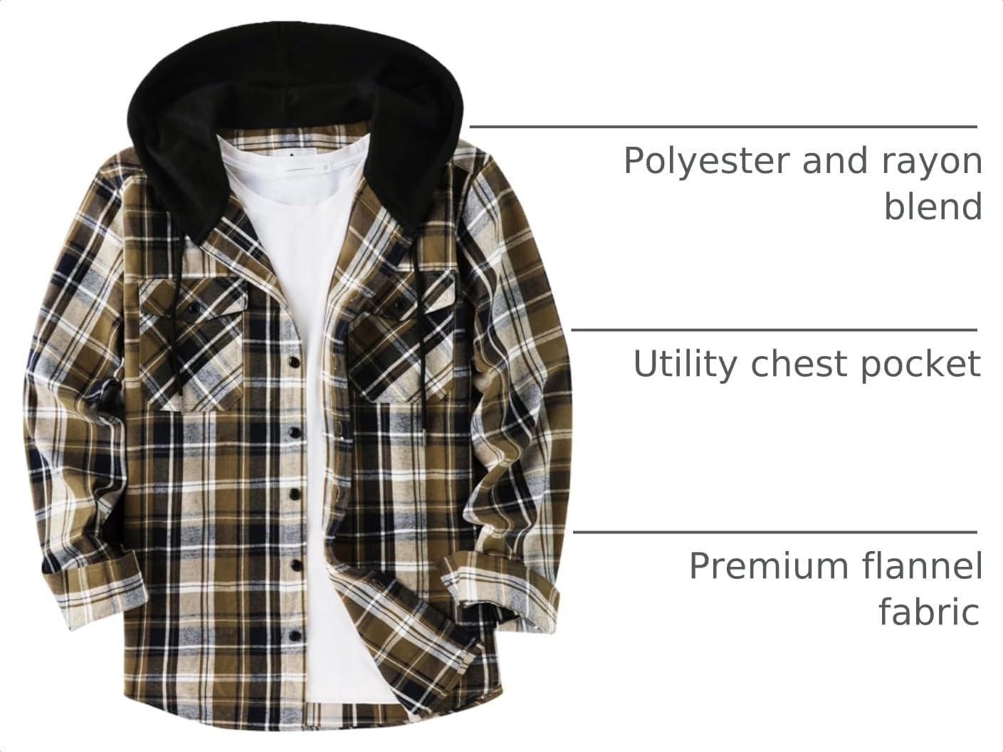 image:imageZITY Mens Flannel Hoodie Shirts Casual Button Down Long Sleeve Plaid ShirtMilitary Green Blue