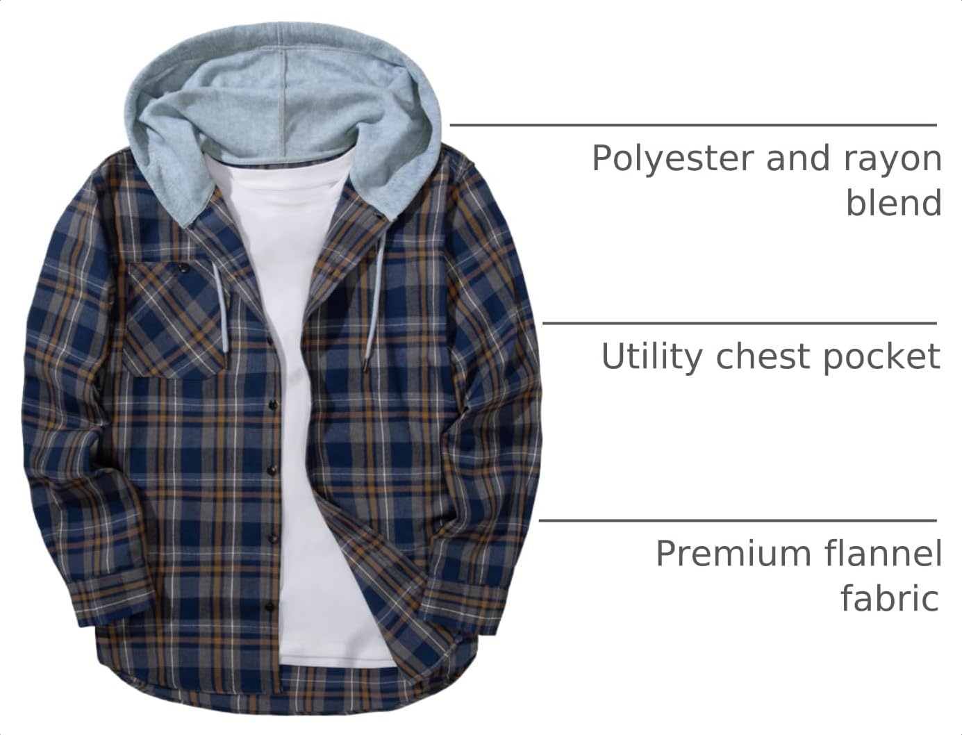 image:imageZITY Mens Flannel Hoodie Shirts Casual Button Down Long Sleeve Plaid ShirtNavy Blue Yellow