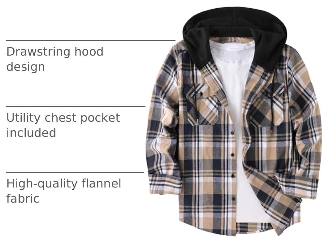 image:imageZITY Mens Flannel Hoodie Shirts Casual Button Down Long Sleeve Plaid ShirtNavybeige
