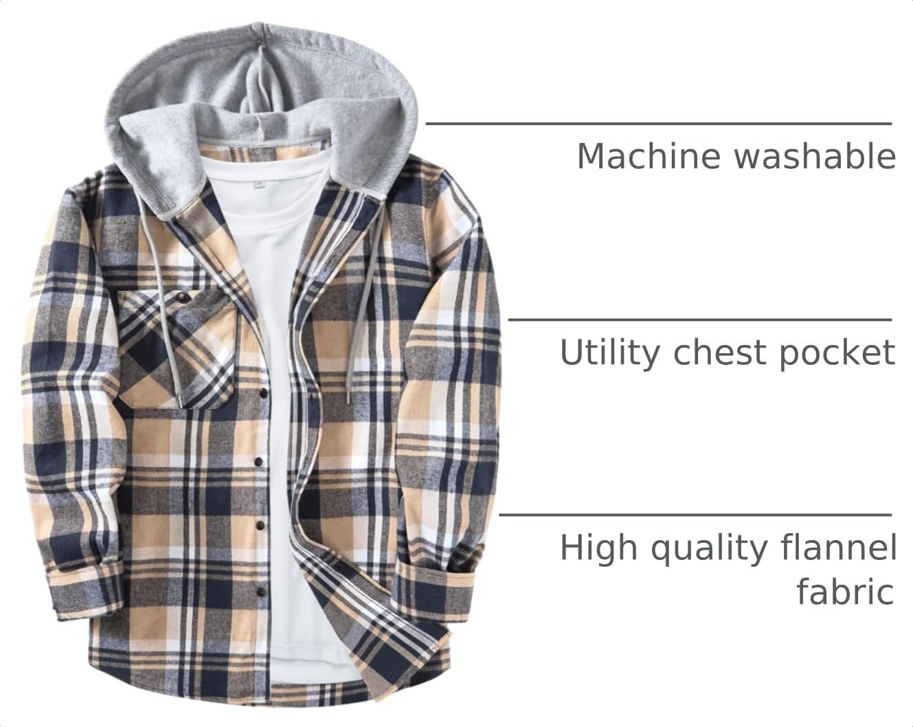 image:imageZITY Mens Flannel Hoodie Shirts Casual Button Down Long Sleeve Plaid ShirtNavybeigewhite