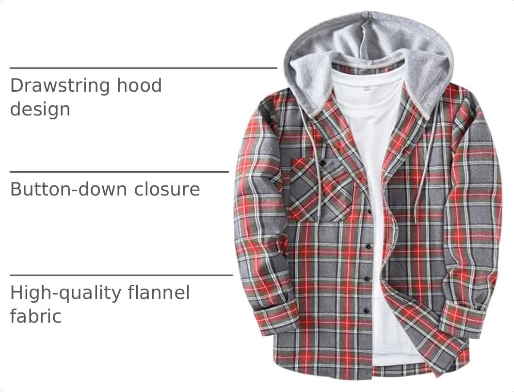 image:imageZITY Mens Flannel Hoodie Shirts Casual Button Down Long Sleeve Plaid ShirtRedgray