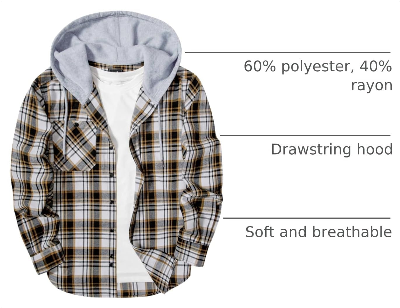 image:imageZITY Mens Flannel Hoodie Shirts Casual Button Down Long Sleeve Plaid ShirtWhite Grey Brown