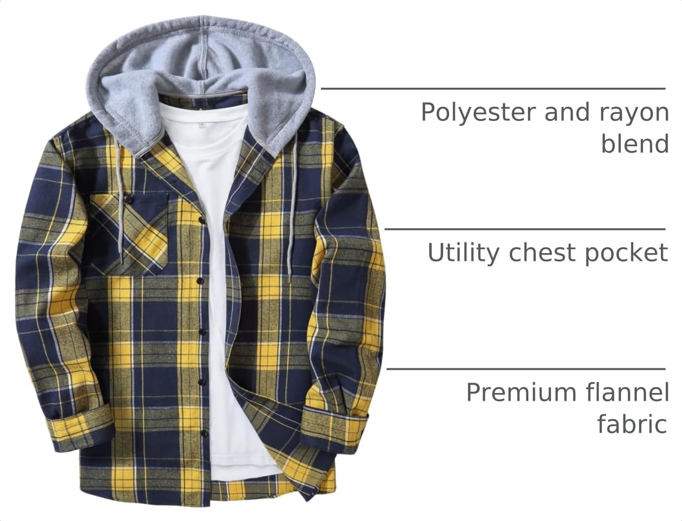 image:imageZITY Mens Flannel Hoodie Shirts Casual Button Down Long Sleeve Plaid ShirtYellow Dark Blue